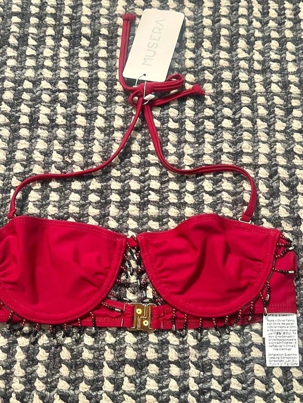 Musera Underwire Beaded Detail Bandeau Bikini Top Red Small NWT